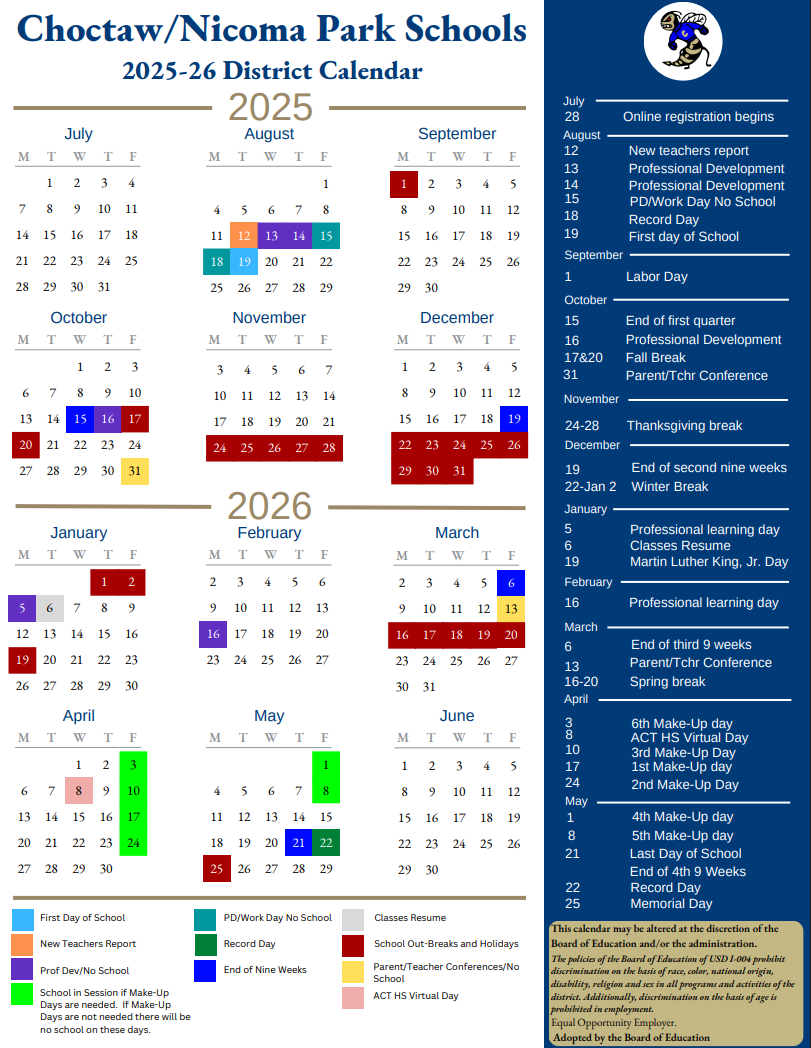 Approved 2025-2026 Choctaw Nicoma Park District School Calendar